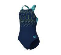 Badeanzug ARENA "G ARENA PAINTERLY SWIMSUIT V BACK", Mädchen, Gr. 140, N-Gr, blau (navy, water), Obermaterial: 80% Polyamid, 20% Elasthan, Badeanzüge Badeanzug, mit UV-Schutz UPF50+, aus MaxFit Eco Ma