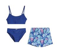 Badeanzug BONPRIX, Mädchen, Gr. 140/146, N-Gr, dunkelblau bedruckt, Polyamid, Badeanzüge Badeanzug, 3er Set, mit passender Badeshorts, aus elastischem Material (30105920-140) dunkelblau bedruckt