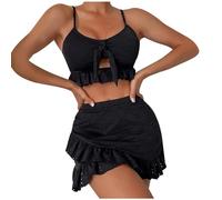 Badeanzug Damen Bauchweg Push Up Bikini Damen Bauch Weg Mit Rock Bademode High Waist 3 Teiler Mit Rüschen Bikinis Frauen Set Cut Out Bikini-Sets Triangel Mit Öse Swimsuits Verstellbare Träger