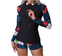 Badeanzug Damen Langarm UPF 50+ UV Schutz Zweiteiler Schwimmanzug Slim Fit Sonnenschutz Bademode Shirt und Shorts Langarm Blume Drucken Schwimmshirt Tankini Frauen Kurz Surfanzug