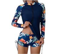 Badeanzug Damen Langarm UPF 50+ UV Schutz Zweiteiler Schwimmanzug Slim Fit Sonnenschutz Bademode Shirt und Shorts Langarm Blume Drucken Schwimmshirt Tankini Frauen Kurz Surfanzug