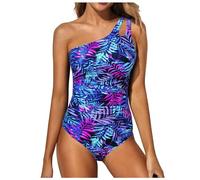 Badeanzug Damen One Shoulder Schwarz Badeanzüge Push Up Bauchweg Ruched Einteiliger Bademode Shape Vintage Mode Schwimmanzug Schlankheits Monokini Trendy Sommer Swimsuit