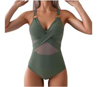 Badeanzug Damen Sale, Sheer Mesh Einteiliger Bademode Damen Bauchweg Überkreuzte Badeanzüge Schlankheits Monokinis Swimsuit One Piece Sexy Push Up Schwimmanzug mit Polster Sportbadeanzüge