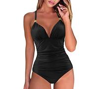 Badeanzug Damen Schwarz Neckholder Badeanzüge Push Up Tiefen V Ausschnitt Ruched Einteiliger Bademode Shape Vintage Mode Schwimmanzug Bauchweg Monokini Trendy Sommer Swimsuit