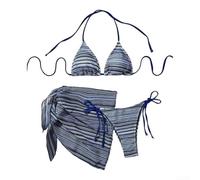 Badeanzug, dreiteiliges Bikini-Set, Damen-Bademode mit Strandrock, gestreiftes Design für Sommerurlaub, weibliche Schwimmer(L blau)