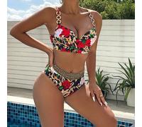 Badeanzug für Damen Sommer Strand Blume Muster Kette verbundenes Push-up Bikini Set