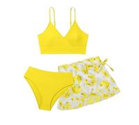 Badeanzug für Teenager Mädchen 3-teilig Bikini-Set Blumenmuster Mädchen-Bikini-Set mit Rock Kinder Schwimmbekleidung Blatt Drucken Sommer Badebekleidung Triangel Top+Slip+Rock