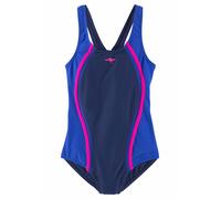 Badeanzug KANGAROOS, Mädchen, Gr. 134/140, N-Gr, blau (marine), Polyamid, kontrastfarbene Details, Badeanzüge Badeanzug, sportiver Stil, mit Kontrastnähten, Marken-Logo-Print (877153-134) marine