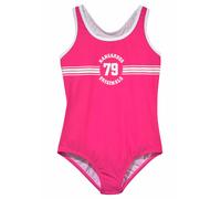 Badeanzug KANGAROOS "Sporty", Mädchen, Gr. 134/140, N-Gr, pink, Polyamid, kontrastfarbene Details, unifarben, Badeanzüge Badeanzug, mit sportlichem Frontdruck (227985-134) pink