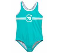 Badeanzug KANGAROOS "Sporty", Mädchen, Gr. 170/176, N-Gr, blau (türkis), Polyamid, kontrastfarbene Details, unifarben, Badeanzüge Badeanzug, mit sportlichem Frontdruck (173598-170) türkis