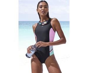 Badeanzug LASCANA ACTIVE, Damen, Gr. 40, N-Gr, schwarz (schwarz, mint), Recycling-Polyamid, Xtra Life LYCRA, gestreift, Badeanzüge Badeanzug, mit hohem Rücken (94282450-40) schwarz, mint