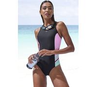 Badeanzug LASCANA ACTIVE, Damen, Gr. 42, N-Gr, schwarz (schwarz, mint), Recycling-Polyamid, Xtra Life LYCRA, gestreift, Badeanzüge Badeanzug, mit hohem Rücken (94282450-42) schwarz, mint