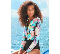 Badeanzug LASCANA ACTIVE "Layne", Damen, Gr. 46, N-Gr, bunt (türkis, gelb, bedruckt), Recycling-Polyamid, bedruckt, kontrastfarbene Details, Badeanzüge Badeanzug, mit langen Ärmeln ideal geeignet für