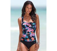 Lascana Damen Badeanzug hübsches Blütendesign mit unifarbenem Slip, Shaping-Einsatz, integrierte Softcups, Moderne Passform, weiche, elastische Qualität