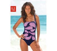 Badeanzug LASCANA Gr. 52, Cup D, blau (marine, bedruckt) Damen Badeanzüge Ocean Blue im modischen Floralprint mit Shaping-Effekt (619526-52)