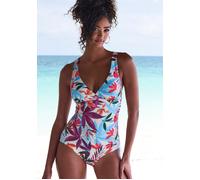 Badeanzug LASCANA "Imani", Damen, Gr. 42, Cup B, blau (creme bedruckt), Recycling-Polyamid, bedruckt, Badeanzüge Badeanzug, mit sommerlichem Blätterprint (41851442-42) creme bedruckt