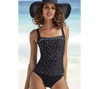 Badeanzug LASCANA "Leona", Damen, Gr. 54, Cup E, schwarz-weiß (schwarz, weiß), Recycling-Polyamid, bedruckt, gepunktet, Badeanzüge Badeanzug, mit Miedereinsatz, eingearbeitete Softcups, mit Unterbrust