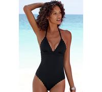 Badeanzug LASCANA "Scallop", Damen, Gr. 40, Cup C/D, schwarz, Microfaser, Microfaser, unifarben, Badeanzüge Badeanzug, mit gelaserter Wellenkante (43320808-40) schwarz
