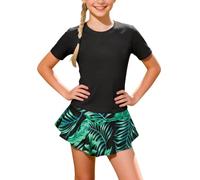 Badeanzug Mädchen 2 Teiler Kurzarm Rundhals Oberteil Und Rüschen Rock mit Innenhose Bikini-Set Drucken Sommer Badeanzug Bequeme Sport Badebekleidung Hawaii Schwimmanzug Schwarz 8 Jahre