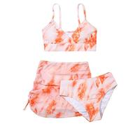 Badeanzug Mädchen Kinder Bikini Set Batik Bedruck 3-Teiliger Badeanzüge Sommer Strand Bikinis Crisscross Dyeing Floral Schwimmanzug Teenager Sport Badebekleidung für 8-14 Jahre (Orange, 160/XL)