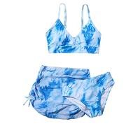 Badeanzug Mädchen Kinder Bikini Set Batik Bedruck 3-Teiliger Badeanzüge Sommer Strand Bikinis Crisscross Dyeing Floral Schwimmanzug Teenager Sport Badebekleidung für 8-14 Jahre (Blue, 140/M)