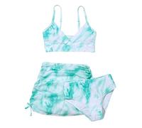 Badeanzug Mädchen Kinder Bikini Set Batik Bedruck 3-Teiliger Badeanzüge Sommer Strand Bikinis Crisscross Dyeing Floral Schwimmanzug Teenager Sport Badebekleidung für 8-14 Jahre (Green, 130/S)