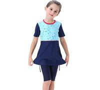 Badeanzug Mädchen Kinder Burkini Muslim Muslimische Full Cover Schwimmanzug Islamisch Arabisch Jilbab Top Shorts Hijab Wassersport Surfen Outfit Ganzkörper Modest Bademode Blau Kurzarm 11-12 Jahre