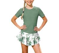 Badeanzug Mädchen Kurzarm Rundhals Oberteil Und Rüschen Rock mit Innenhose Bikini-Set Drucken Leicht Badeanzug Hawaii Badebekleidung Stretch Badeanzüge Sommer Schwimmanzug Grün 6 Jahre