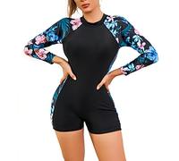 Badeanzug mit Bein Schwimmanzug Damen Burkini Muslimische Islamische Muslim Frauen Langarm/Kurzarm Blumen Druck Zip Up Neopren Kurz Neoprenanzug Rashguard Surfer Bademode Surfanzug Schwarz #7 M
