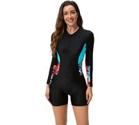Badeanzug mit Bein Schwimmanzug Damen Burkini Muslimische Islamische Muslim Frauen Langarm/Kurzarm Blumen Druck Zip Up Neopren Kurz Neoprenanzug Rashguard Surfer Bademode Surfanzug Schwarz #14 S