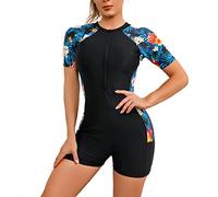 Badeanzug mit Bein Schwimmanzug Damen Burkini Muslimische Islamische Muslim Frauen Langarm/Kurzarm Blumen Druck Zip Up Neopren Kurz Neoprenanzug Rashguard Surfer Bademode Surfanzug Schwarz #3 M