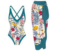 Badeanzug mit Rock Damen - Einteiliger Badeanzug Damen Monokini Bikini Set Vintage Ethnic Blumenmuster Einteiler Bikini Cover Up Rock Bademode Strandmode Tankini Badeanzüge für Damen