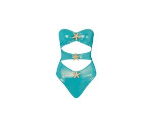 Badeanzug MODA MINX "Starfish Bandeau Cut Out Swimsuit", Damen, Gr. M, blau (türkis), 82% Polyamid, 18% Elasthan, unifarben, Badeanzüge Badeanzug, mit tollen Cut-Outs (92358209-M) türkis