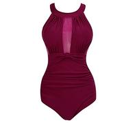 Badeanzug Push Up Damen Figurformend Blumen Rüschen Große Größen Monokini Bademode Frauen Bandeau Bikini Schlankstütz Badeanzüge Einteiler Shape Bauchweg Badeanzug Hohem Ausschnitt Wein Rot M