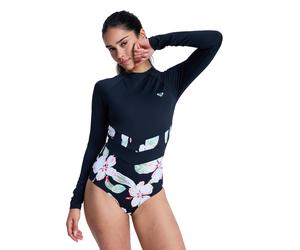 Badeanzug ROXY "The Rider Zipped", Damen, Gr. M, schwarz (anthrazit spring charming), Polyester, Badeanzüge Badeanzug (29046201-M) anthrazit spring charming