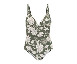 Badeanzug S.OLIVER "Lady", Damen, Gr. 36, Cup B, grün (oliv, cream), Recycling-Polyamid, bedruckt, floral, Badeanzüge Badeanzug, mit floralem Design (20262959-36) oliv, cream