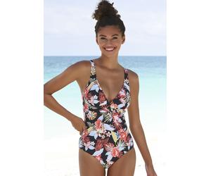 Badeanzug S.OLIVER "Marika", Damen, Gr. 38, Cup B, schwarz (schwarz bedruckt), Microfaser, Microfaser, Polyamid, bedruckt, floral, Badeanzüge Badeanzug, mit Zierring und Shaping-Effekt (91580535-38) s