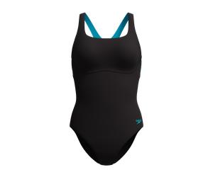 Badeanzug SPEEDO "Solid Flex Band" Gr. 42, blk, ltblu, Badeanzüge, Damen, 42, N-Gr, Obermaterial: 100% Polyester, Badeanzug, sportlicher Stil, mit Endurance Pro Material, mit Vier-Wege-Stretch (390419
