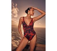 Badeanzug TRIUMPH "Summer Palm OP 02", Damen, Gr. 44, Cup C, rot (braun, schwarz combination), Microfaser, Obermaterial: 55% Polyamid, 45% Elasthan, Badeanzüge Badeanzug, weich und formend (97697545-4