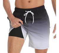 Badehose für Herren mit Kompression Mesh-Futter, 2 in 11 Schnelltrocknend Badeshorts Kurz, Verstellbar Tunnelzug Tasche Männer Schwimmhose Boardshorts für Strand Surf Sport S Schwarz Grau Verlauf