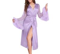 Bademantel Damen Damen Satin Kimono Transparent Spitze Morgenmantel Feder Robe Hausmantel Nachtwäsche Sexy Nachthemd Chiffon Dessous Langes Sleepwear mit Gürtel für Party Hochzeit Braut (Purple, XL)