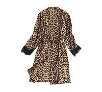 Bademantel Damen Kurz Dünn Morgenmantel Satin Kurz-Kimono Leopardenmuster Spitzen-Langarm Saunamantel Mit Gürtel Kurze Robe Sommer Nachtwäsche Leicht Nachthemden Loungewear