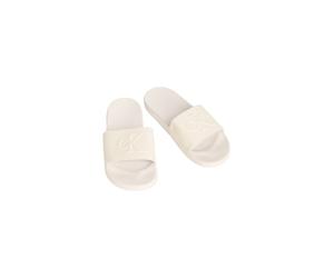 Badepantolette CALVIN KLEIN "ESS SLIDE HF MONOGRAM CV", Herren, Gr. 45, weiß (beige), Textil, unifarben, Basic, Schuhe, Sommerschuh, Strandschuh, Badeschuh, Flat mit Logo-Emblem (73039127-45) beige