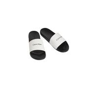 Badepantolette CALVIN KLEIN "ESS SLIDE MONOBRAND CV", Damen, Gr. 41, schwarz, weiß, Synthetik, unifarben, Basic, Schuhe, Strandschuh, Pool Slides, Flat, Sommerschuh, Pantolette mit Logo (16975432-41)