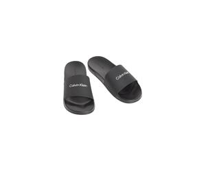 Badepantolette CALVIN KLEIN "ESS SLIDE MONOBRAND CV", Herren, Gr. 44, schwarz, Synthetik, unifarben, Basic, Schuhe, Strandschuh, Pool Slides, Flat, Sommerschuh, Pantolette mit Logo (70406356-44) schwa