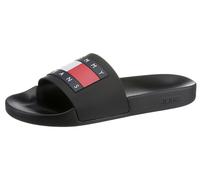 Badepantolette TOMMY JEANS "TOMMY JEANS POOL SLIDE ESS", Herren, Gr. 44, schwarz, Synthetik, Schuhe Badelatschen Pantolette, Sommerschuh, Poolslides, Schlappen, mit plakativer Logoflag (57233431-44) s