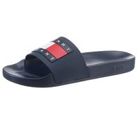 Badepantolette TOMMY JEANS "TOMMY JEANS POOL SLIDE ESS", Herren, Gr. 45, blau (dunkelblau), Synthetik, Schuhe Badelatschen Pantolette, Sommerschuh, Poolslides, Schlappen, mit plakativer Logoflag (8219