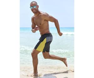 Badeshorts H.I.S, Herren, Gr. L (52), N-Gr, schwarz (schwarz, gelb), Microfaser, Recycling-Polyester, unifarben mit Farbeinsätzen, Badehosen Badeshorts, im Colorblocking-Design (68592752-L) schwarz, g
