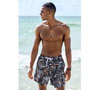 Badeshorts S.OLIVER, Herren, Gr. M (50), N-Gr, schwarz (schwarz, bedruckt), Microfaser, Recycling-Polyester, bedruckt, Badehosen Badeshorts, mit modischem Allover-Druck (27923735-M) schwarz, bedruckt