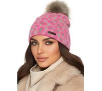 Baesics Bommelmütze Damen Herren Leo Pink - Pudelmütze mit Kunstfell Pompon, weicher Strick mit warmem Fleecefutter, Leoparden Wintermütze Animalprint Unisex Erwachsene One Size 54-58 cm